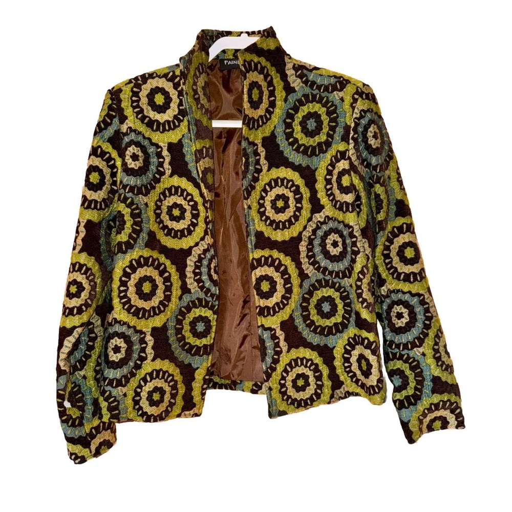 Vintage Painted Pony Tapestry Jacket sz Med Floral Brocade Brown Green Teal
